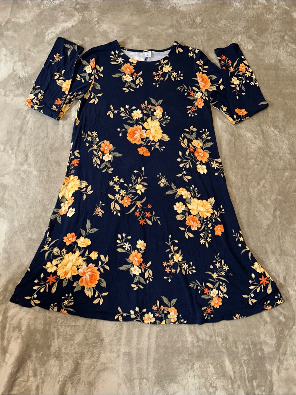 Old Navy Navy Floral A-Line Dress with Orange & Yellow Blooms M